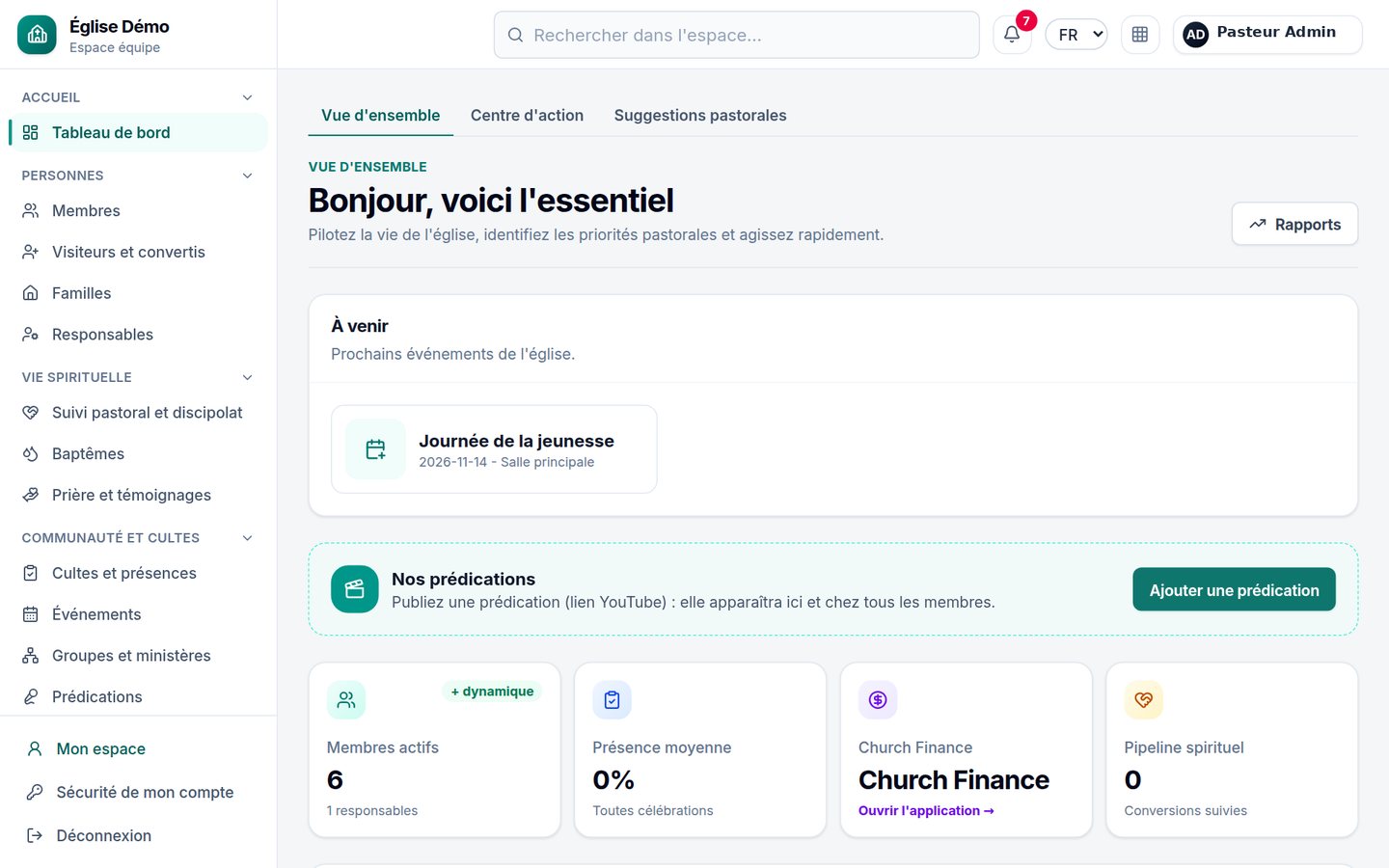 Tableau de bord du logiciel de gestion d'église Church OS